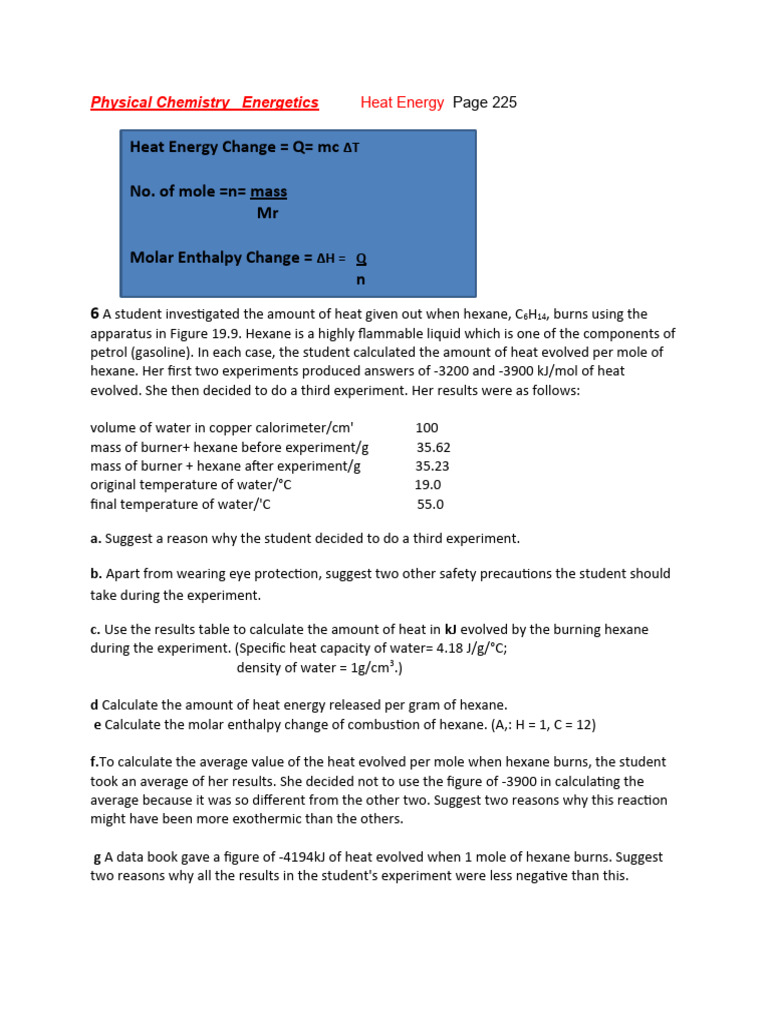 Physical chemistry energetics problems from ex heat energy