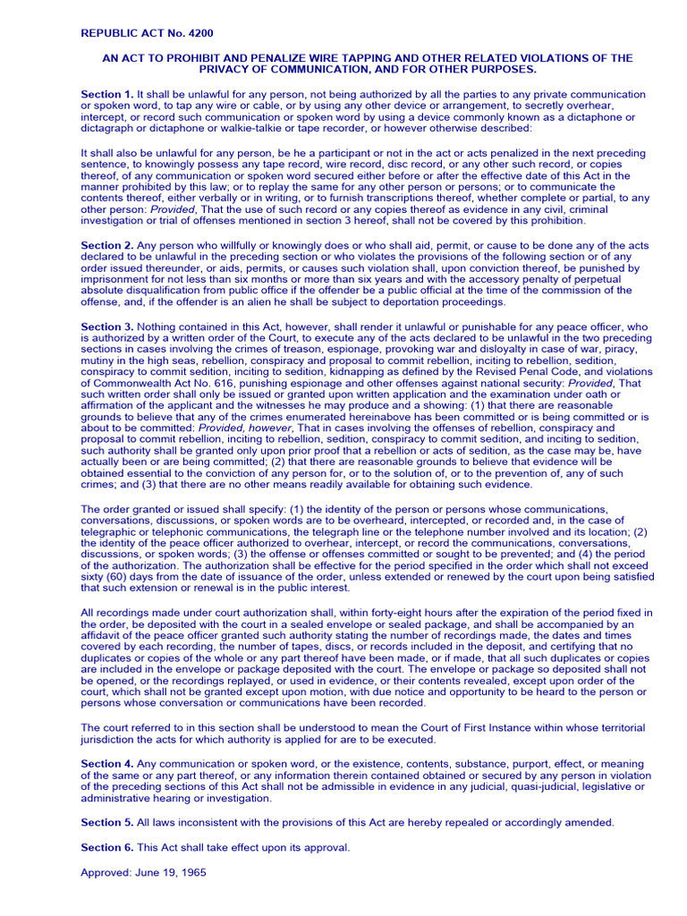 Prohibition of Wire Tapping Act | PDF