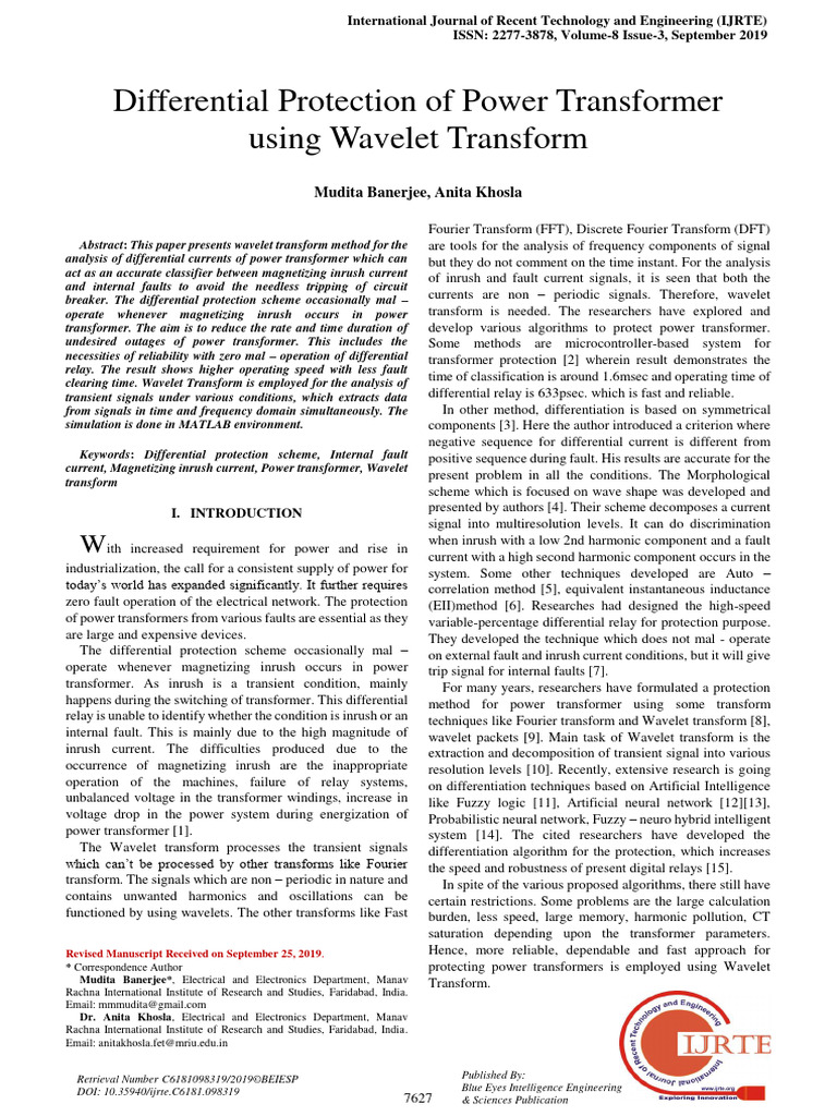 Wavelet Transform for Transformer Protection | PDF | Wavelet ...