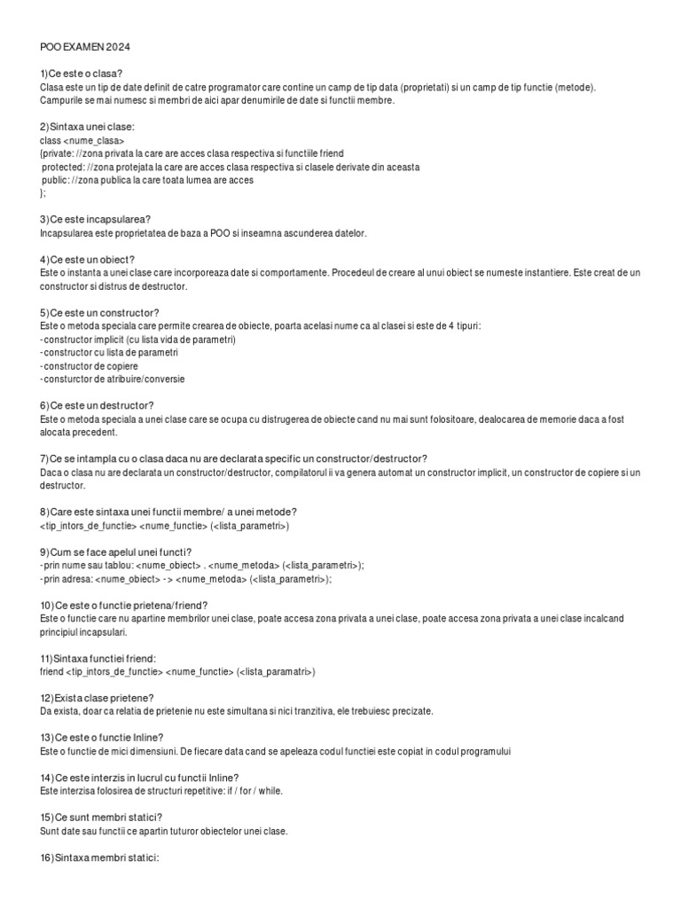 Materie Examen Programare Orientata Pe Obiecte | PDF