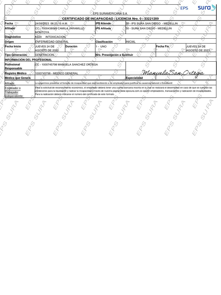 Certificado Incapacidad EPS SURA 2023 | PDF
