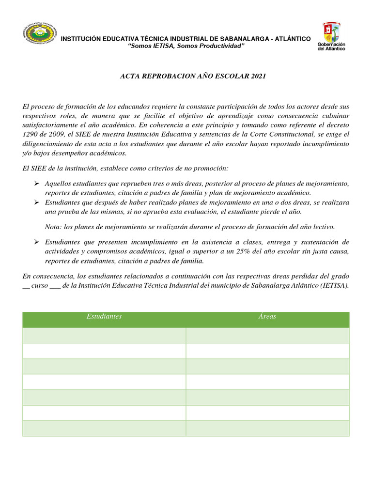 Acta Reprobacion Año Escolar | PDF