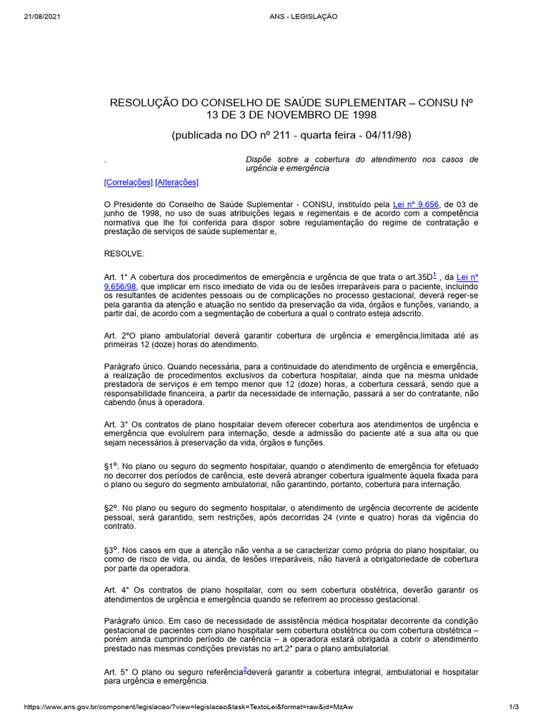 Cobertura de Urgência e Emergência - CONSU 13/98 | PDF | Seguro