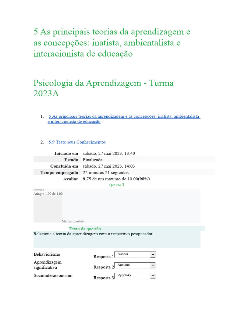 Teorias da Aprendizagem e Concepções | PDF | Aprendizado | Psicologia