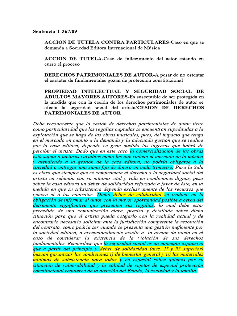 T-367-09 SENTENCIA DERECHOS PATRIMONIALES DE AUTOR | PDF | Derecho