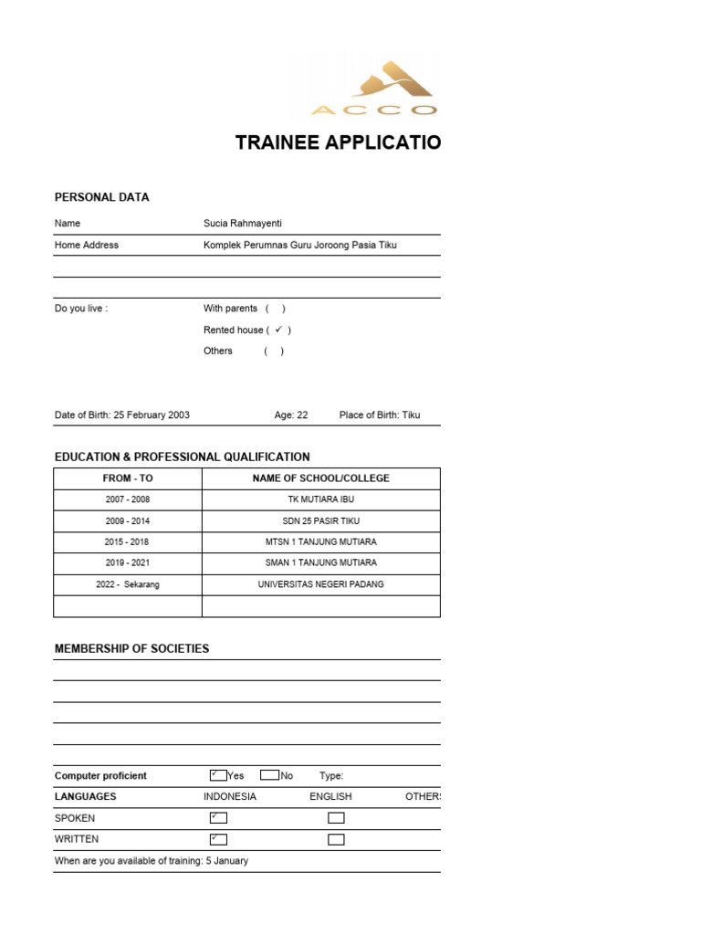 Trainee Application Form for Sucia Rahmayenti | PDF