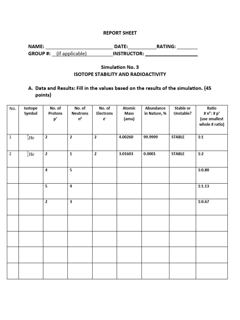 Simulation No. 3 Report Sheet | PDF | Isotope | Atomic Nucleus