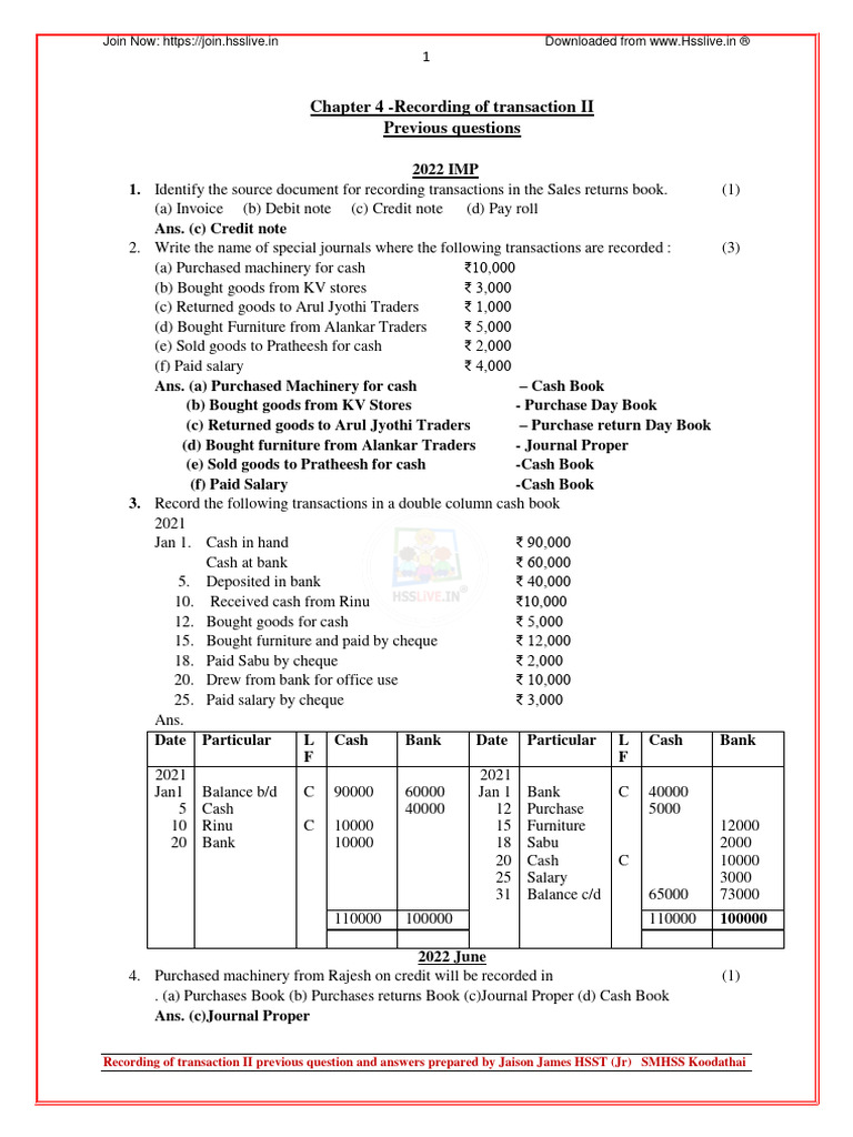 Hsslive Xi Acc Prvs QN Ans 4 Recording of Transaction II | PDF | Cheque ...