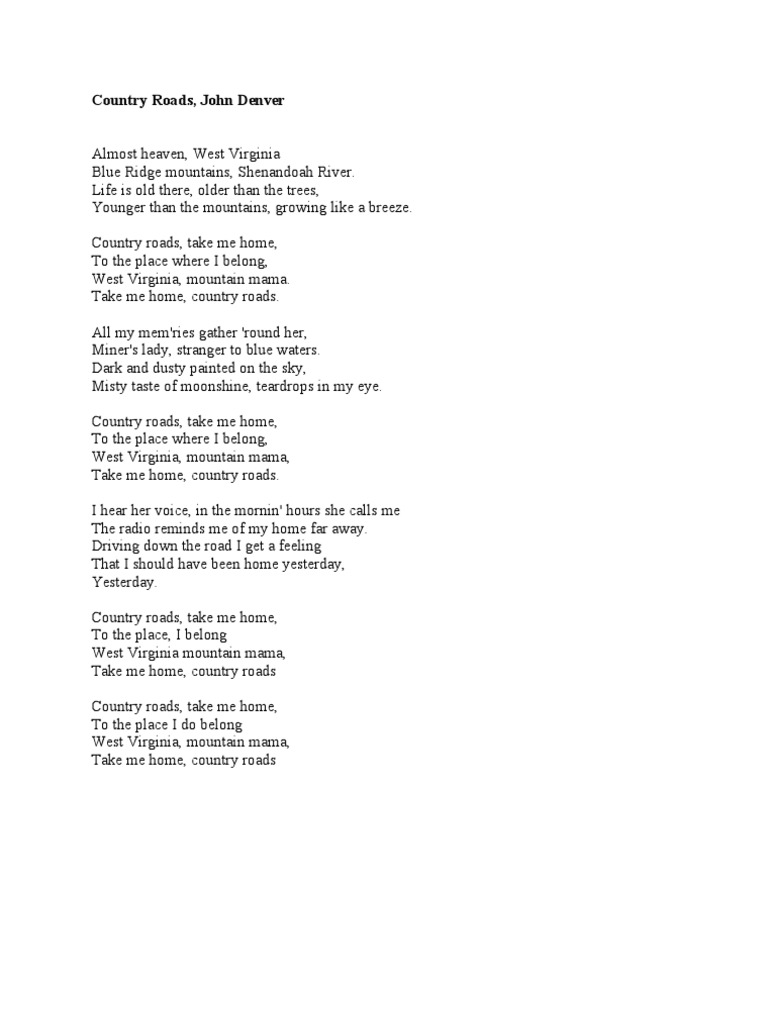 Country Roads Lyrics PDF