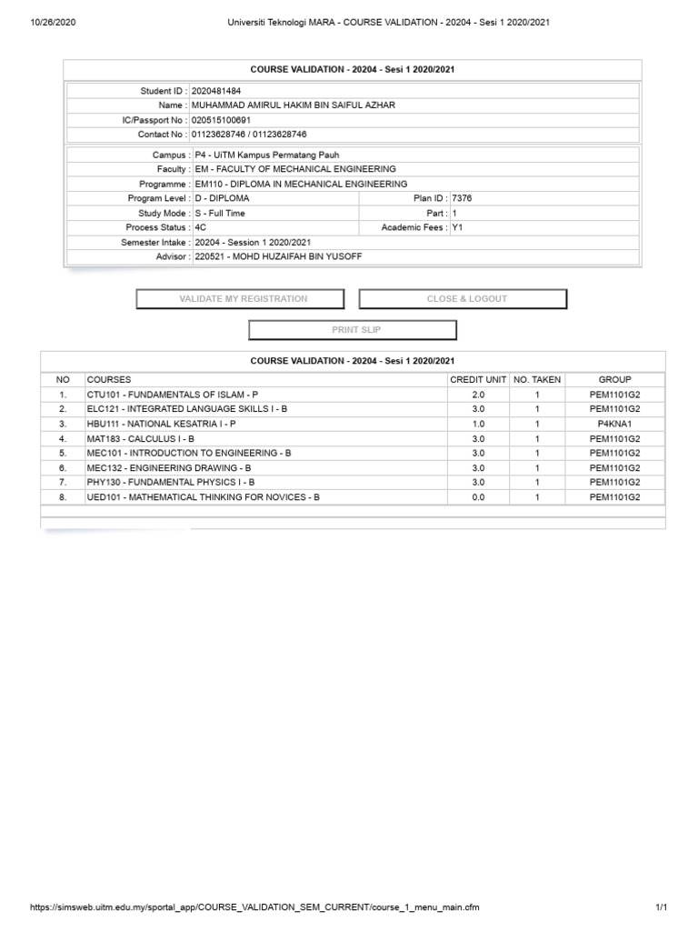 Universiti Teknologi Mara - Course Validation - 20204 - Sesi 1 2020 ...
