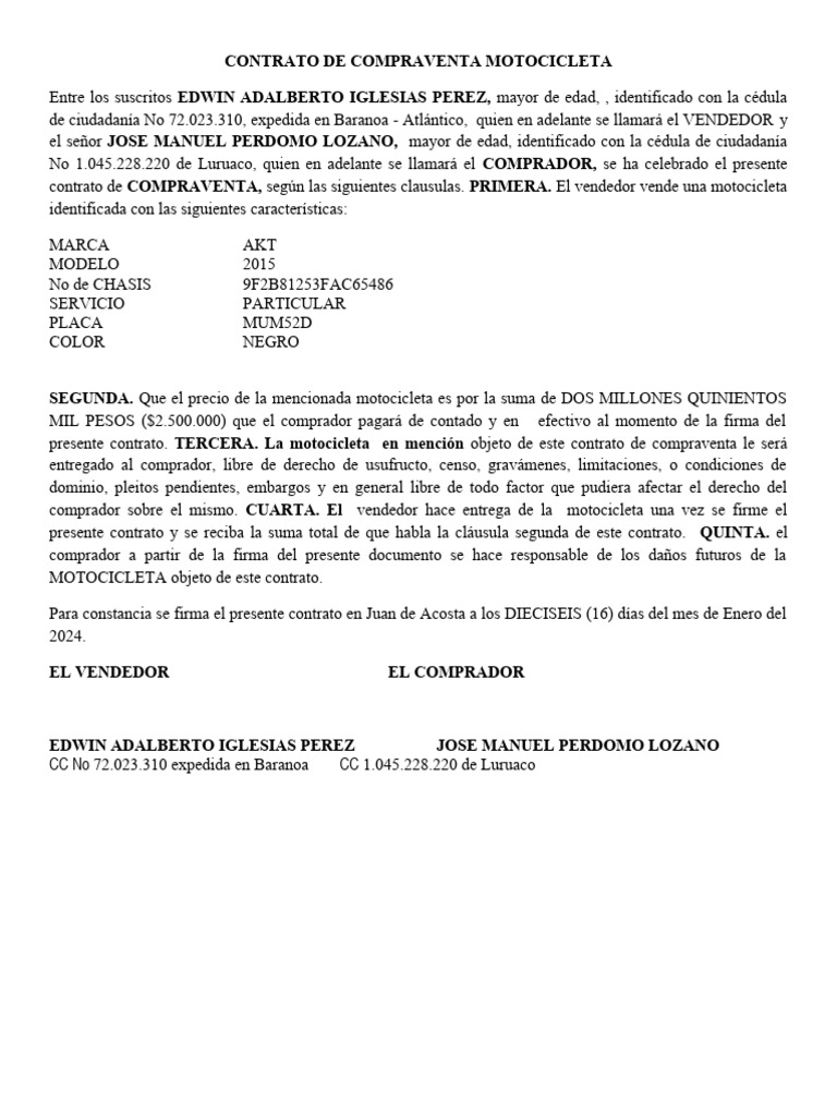 Contrato de Compraventa de Motocicleta | PDF | Derecho