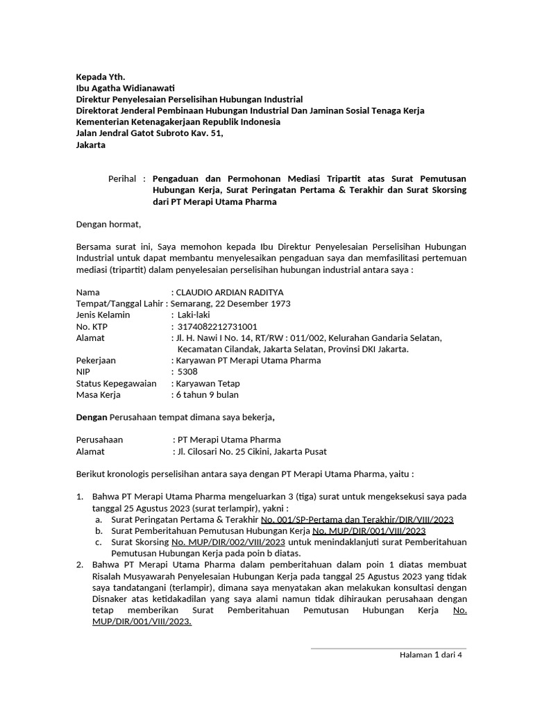 Contoh Surat Pengaduan Dan Permohonan Mediasi | PDF | Hukum