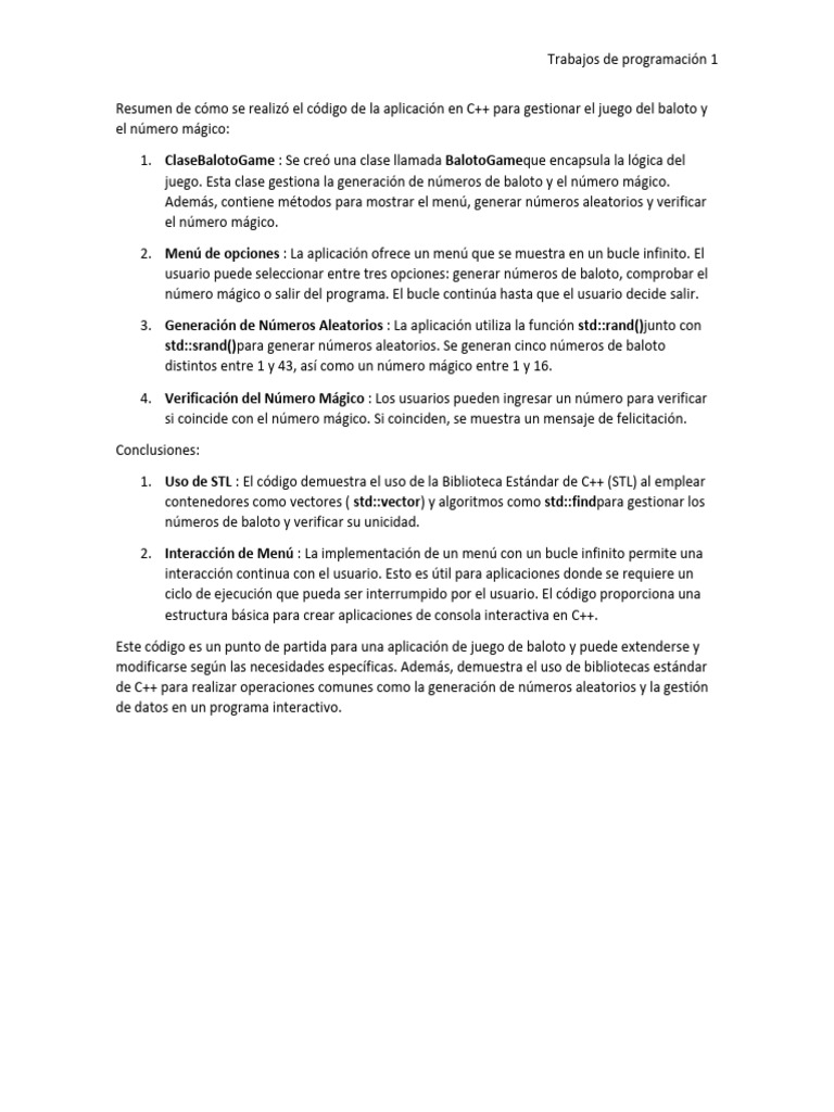 Código C++ para Juego de Baloto | PDF