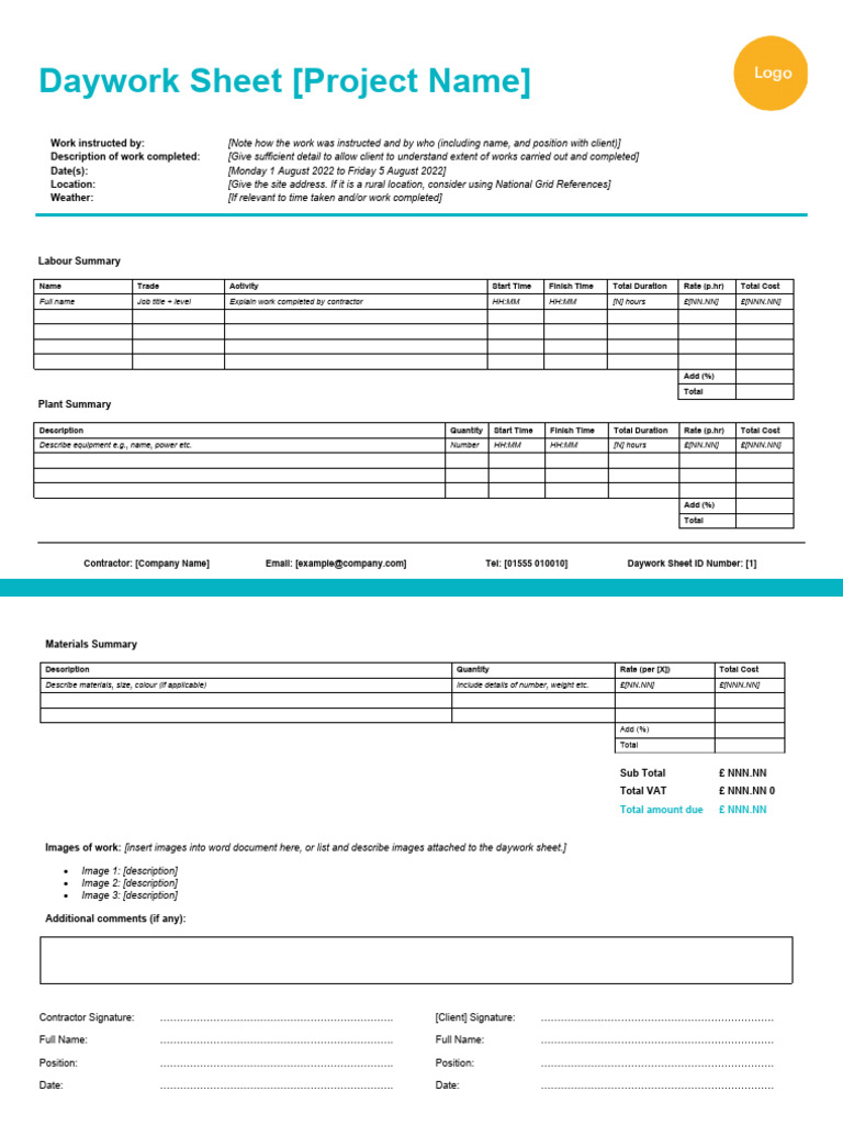 Daywork Sheet Template for Construction | PDF