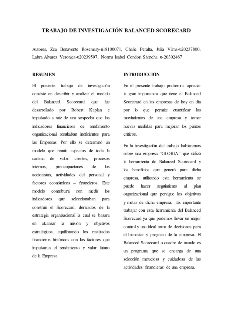 Balanced Scorecard en Empresa Gloria | PDF | Business | Calidad (comercial)