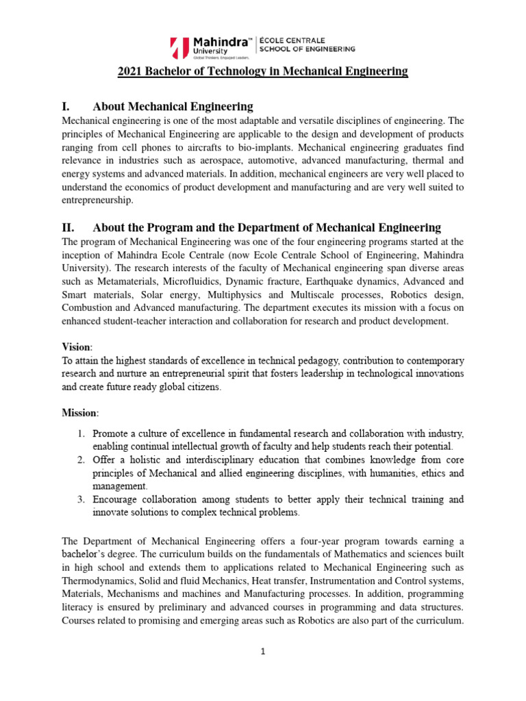 2021 Mechanical Engineering Curriculum | PDF | Engineering | Mechanical ...