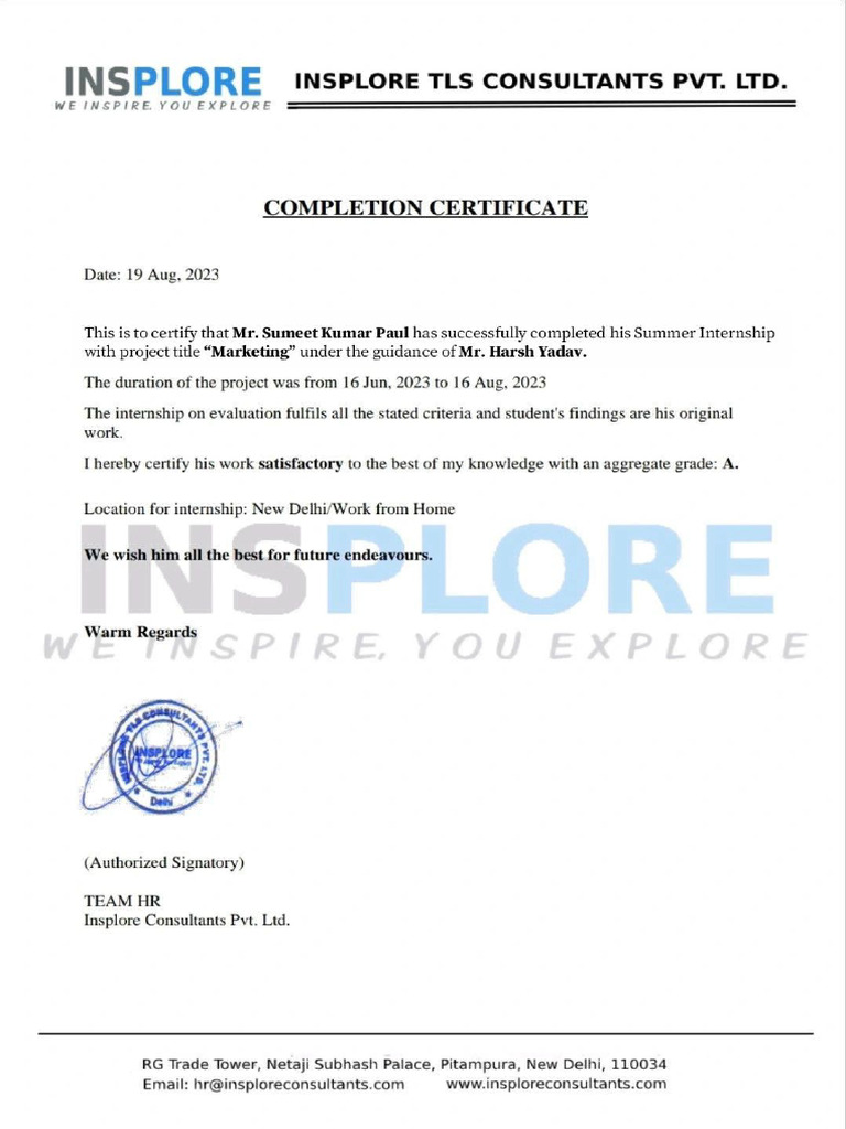 Certificate of Completion - Summer Internship Project Report | PDF