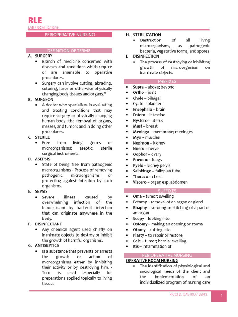 Perioperative Nursing Terminology Guide | PDF | Anesthesia | Surgery