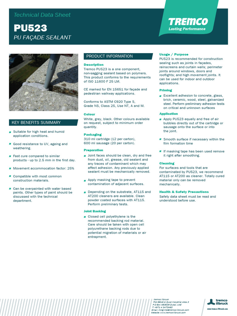 PU523 TDS - Tremco | PDF | Materials Science | Civil Engineering