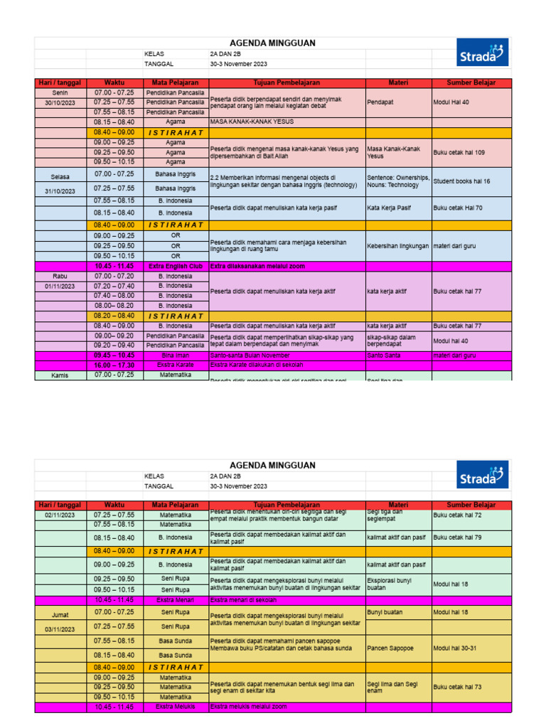 Kelas 2 Agenda Mingguan 2023 - 2024 - 30 OKT - 3 NOV - Salin | PDF