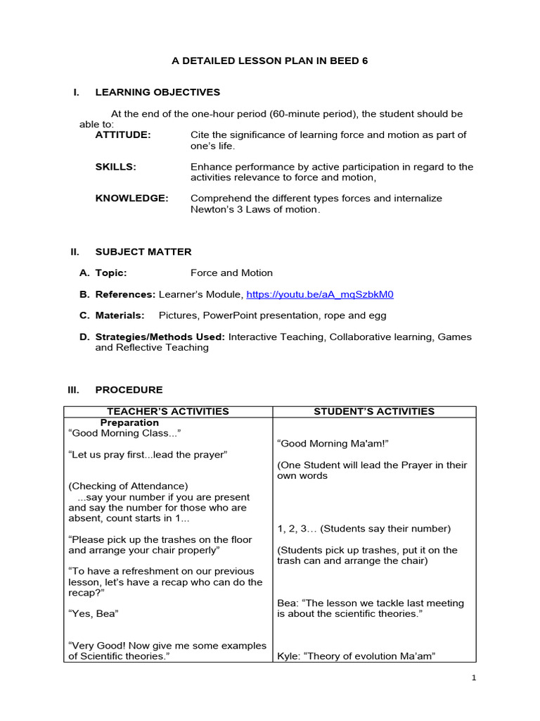 Force and Motion Lesson Plan for Grade 6 | PDF | Force | Tension (Physics)