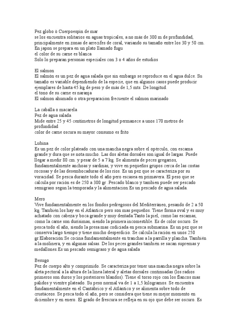 Pez Globo Ò Cuerpoespìn de Mar PDF Pescado como alimento Pescado