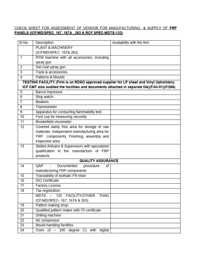 FRP Vendor Assessment Checklist | PDF | Fibre Reinforced Plastic ...