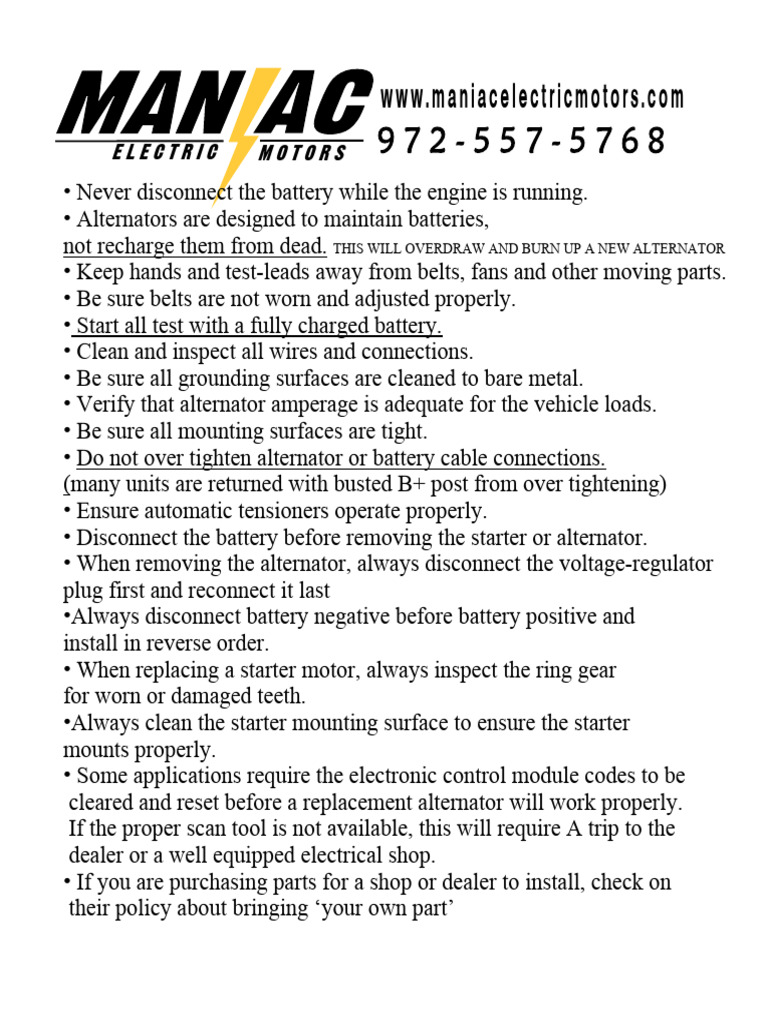 Alternator Starter Testing Safety Voltage Drop Testing PDF Manufactured Goods Electricity