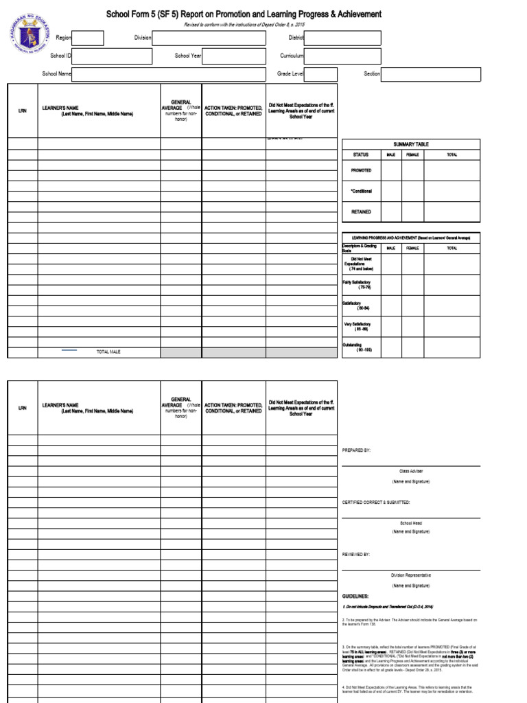 SF 5 Report On Promotion and Learning Progress - Achievement - 0 | PDF ...