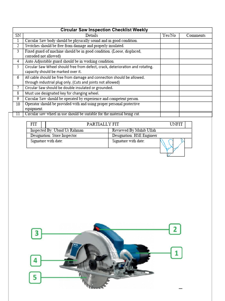 Circular Saw Inspection Checklist Monthly PDF