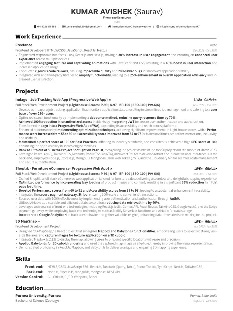 Frontend Developer Portfolio: Kumar Avishek | PDF | Web Application ...