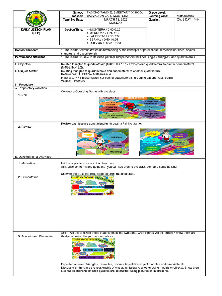 Grade 4 Math Lesson Plan: Shapes & Angles | PDF | Rectangle | Euclid