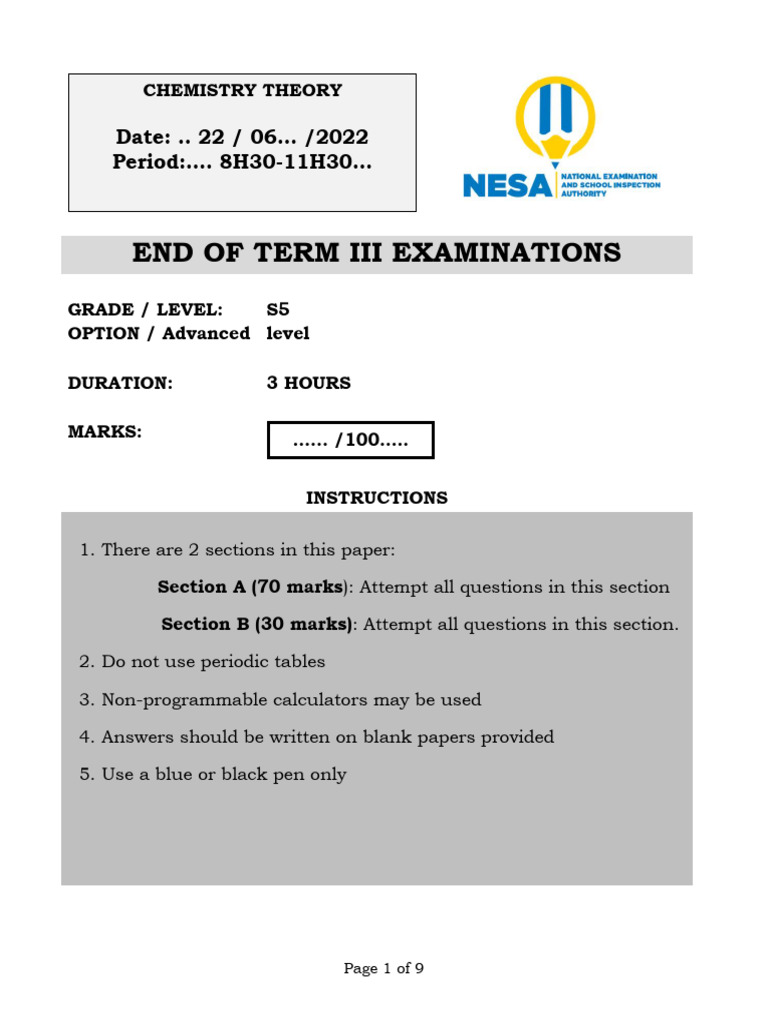 S5 Chemistry Term III Exam Paper | PDF | Acid | Methane