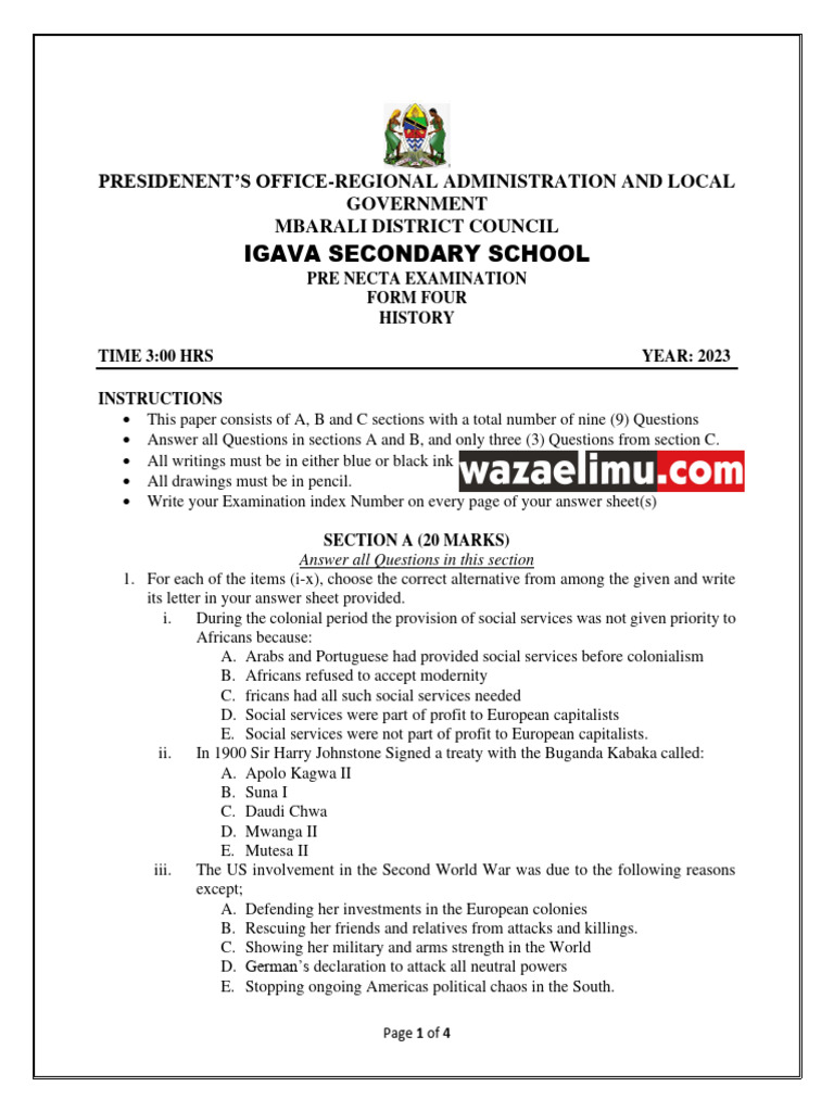 Form Four History Exam | PDF | East Africa | British Empire