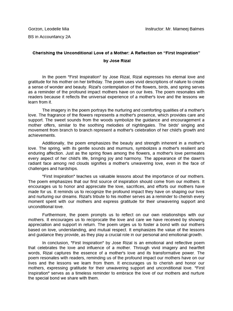 Reflection Paper On Rizal's Poem | PDF | Love | Gratitude