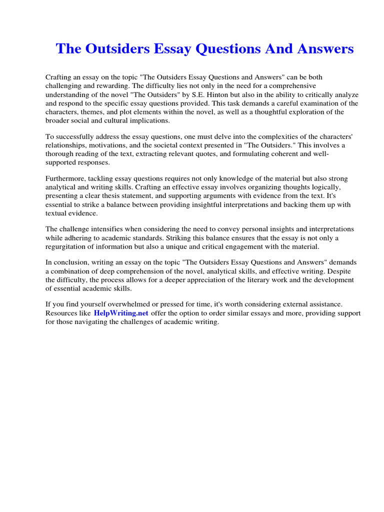 The Outsiders Essay Questions and Answers PDF Second Language Acquisition Huckleberry Finn