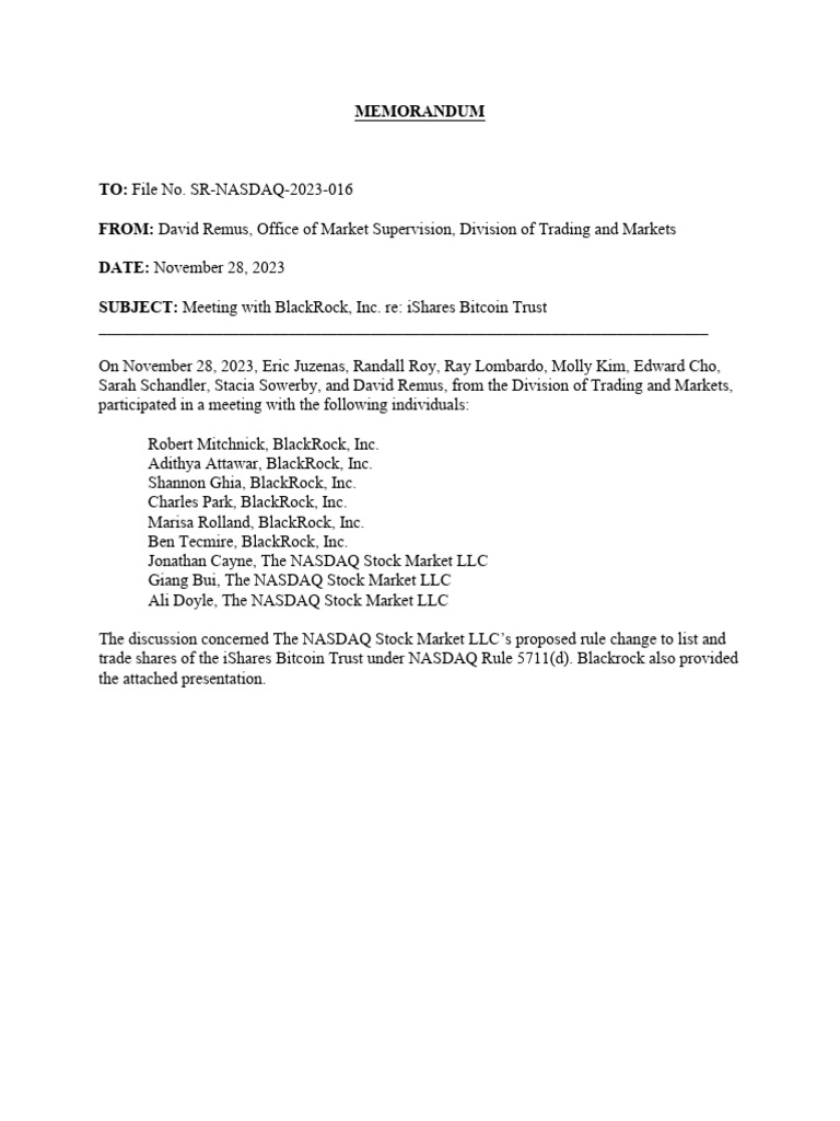NASDAQ Bitcoin Trust Rule Meeting | PDF | Exchange Traded Fund | Short  (Finance)