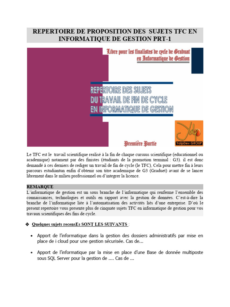 Repertoire de Proposition Sujets TFC en Informatique de Gestion | PDF