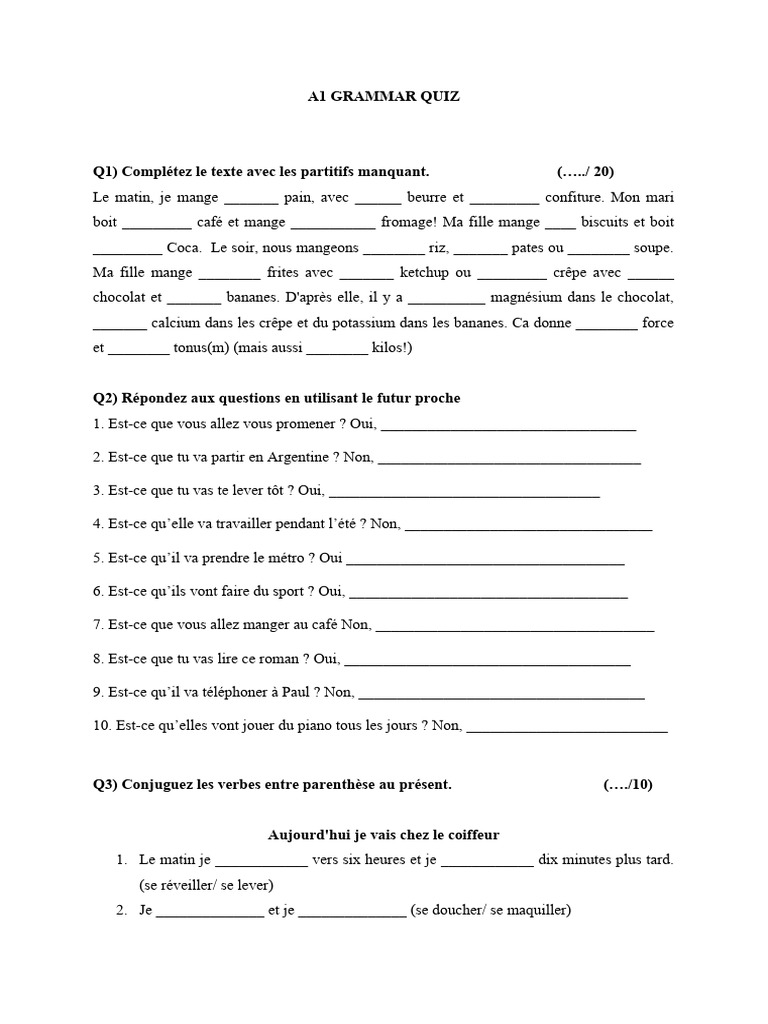 A1 Grammar Quiz | PDF | Cooking, Food & Wine