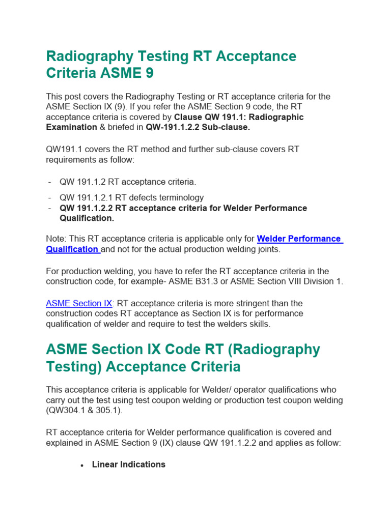 Radiography Testing RT Acceptance Criteria ASME 9 PDF Welding