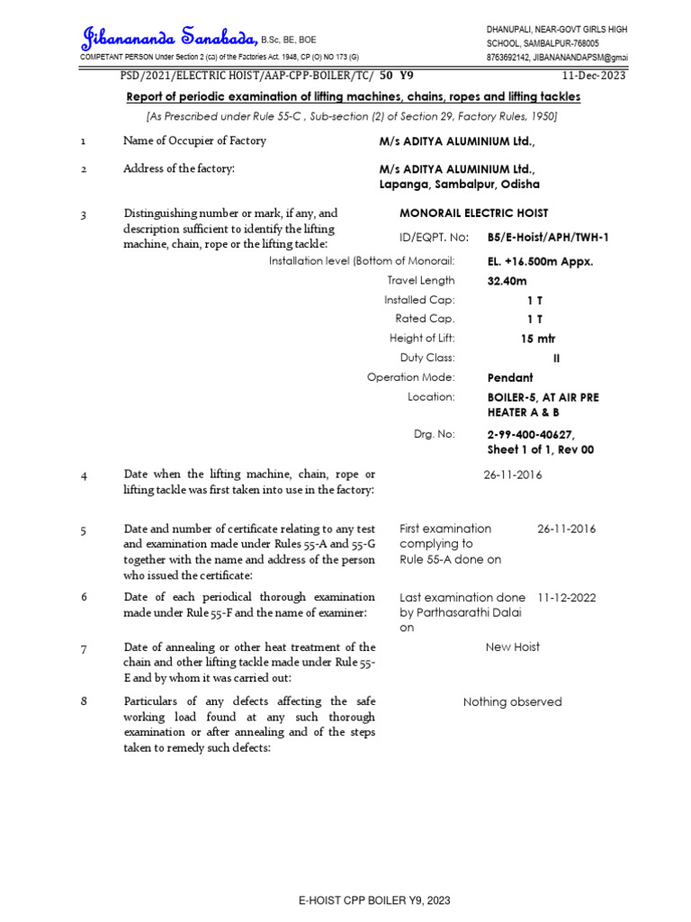 Electric Hoist Examination Report 2023 | PDF | Manufactured Goods ...