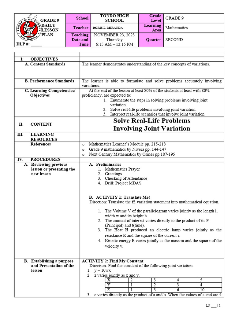 Joint Variation Lesson Plan for Grade 9 | PDF | Teaching Methods ...
