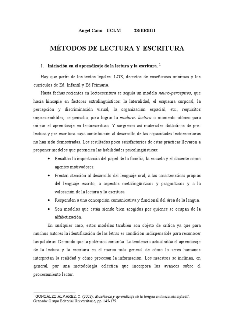 Métodos de Lectura y Escritura en Educación | PDF | Lectura (proceso ...
