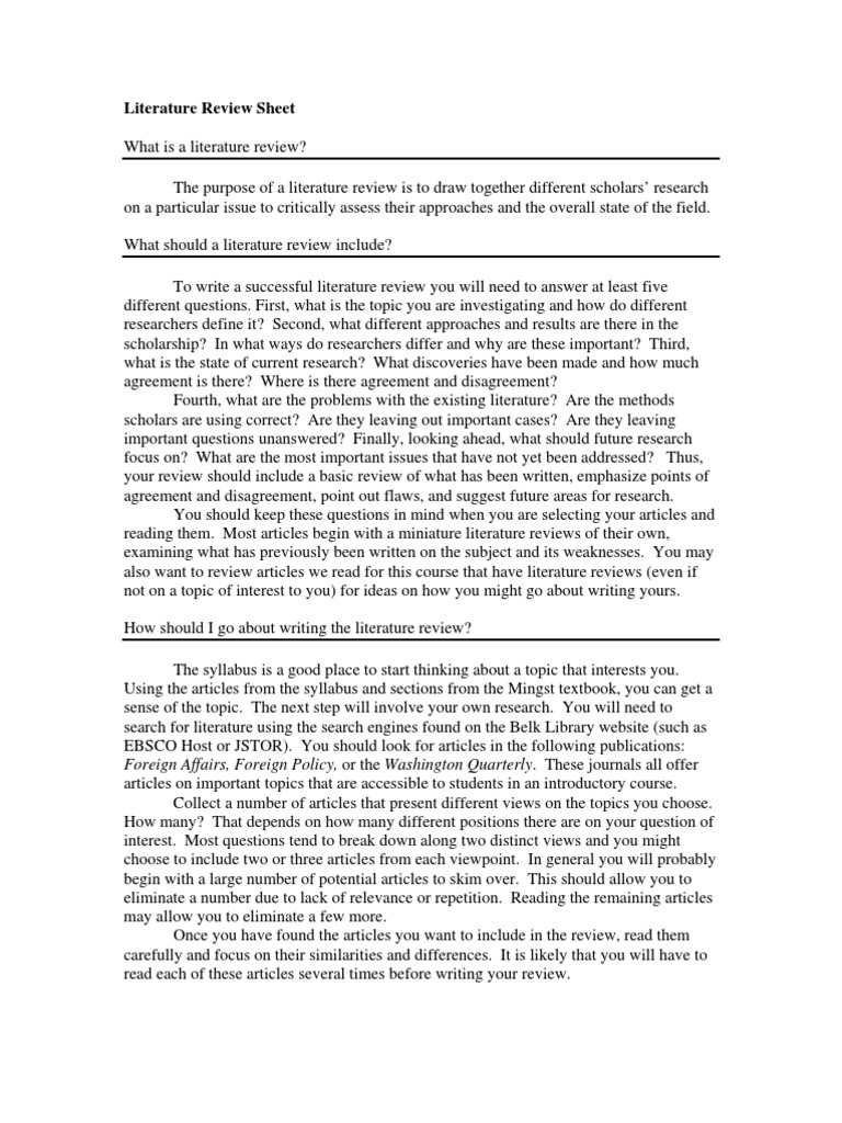 Literature Review Sheet | PDF | Literature Review | International Relations