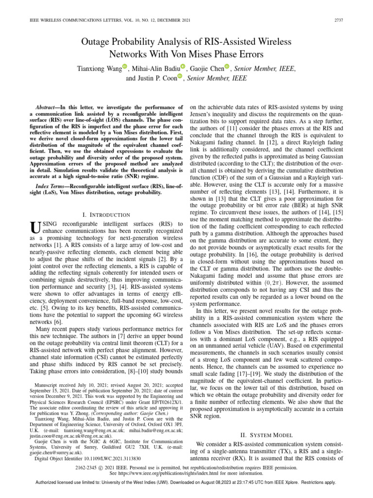 Outage Probability Analysis of RIS-Assisted Wireless Networks With Von ...