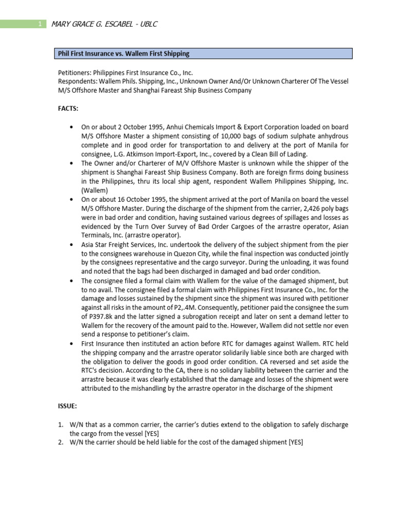 Phil First Insurance vs. Wallem Shipping | PDF | Cargo | Common Carrier
