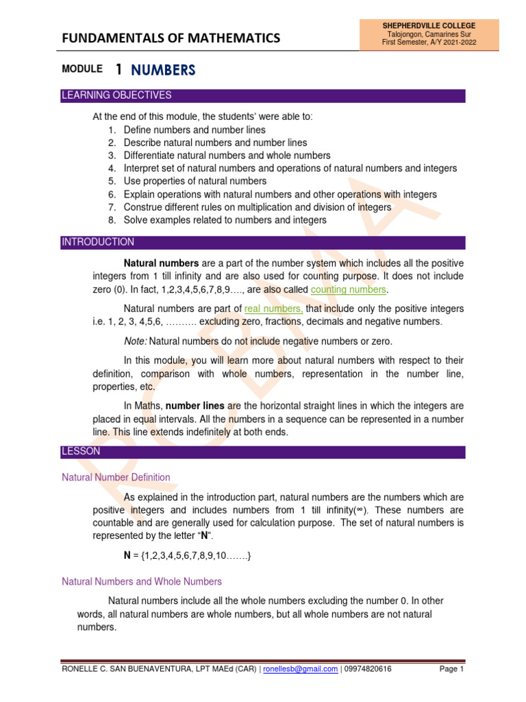 Module 1 - NUMBERS & NUMBER LINES | PDF | Multiplication | Numbers