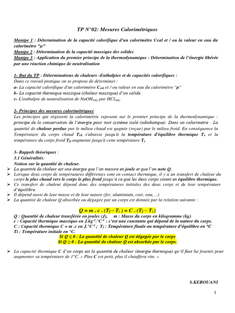 Mesures de Calorimétrie et Neutralisation | PDF | Chaleur | Transfert ...