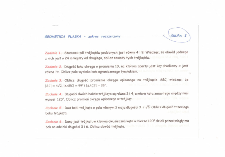 Geometria Plaska Trojkaty 1 Liceum Sprawdzian Geometria płaska Sprawdzian I | PDF