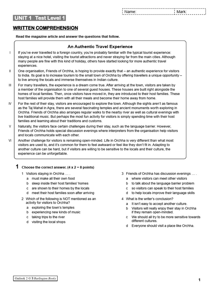 02outlook2 Unit1 Test WrittenComprehension | PDF | Tourism